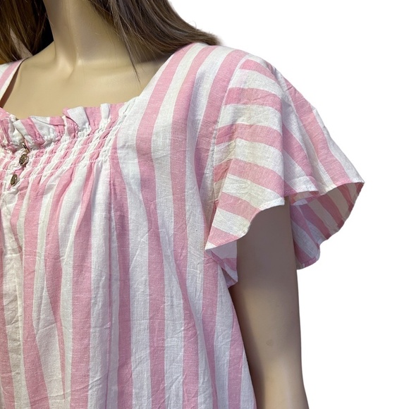 Draper James RSVP Blouse Linen Cotton Top Shirt Flutter Sleeve Shirred Smocked - Picture 7 of 16